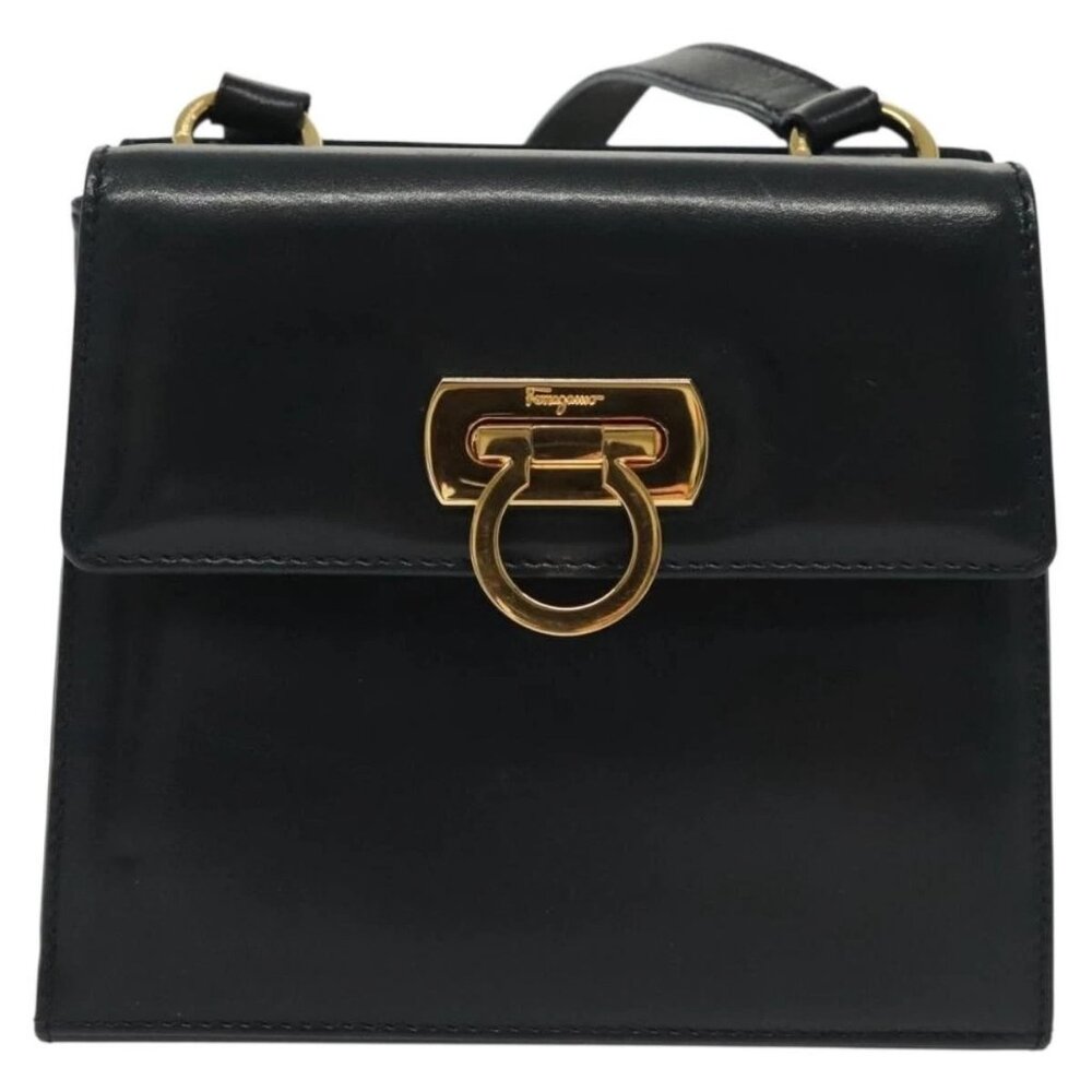 Salvatore Ferragamo Gancini Shoulder Bag Leather Suede Navy Gold Auth - Picture 7 of 16